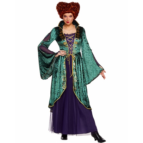 

Hocus Pocus Witch Winifred Sanderson Dress Cosplay Costume Women's Movie Cosplay Ethnic Transitional Green Dress Masquerade Polyester