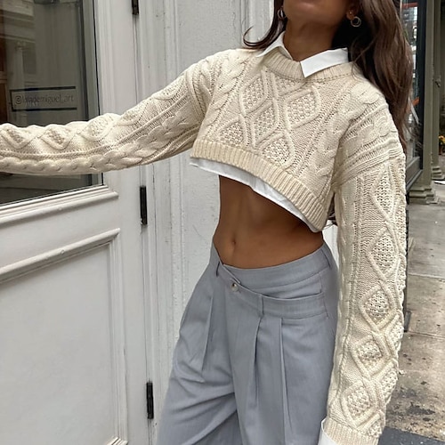 

Women's Pullover Sweater Jumper Cable Knit Cropped Knitted Pure Color Crew Neck Stylish Casual Outdoor Daily Fall Winter Light gray Beige S M L / Cotton / Long Sleeve