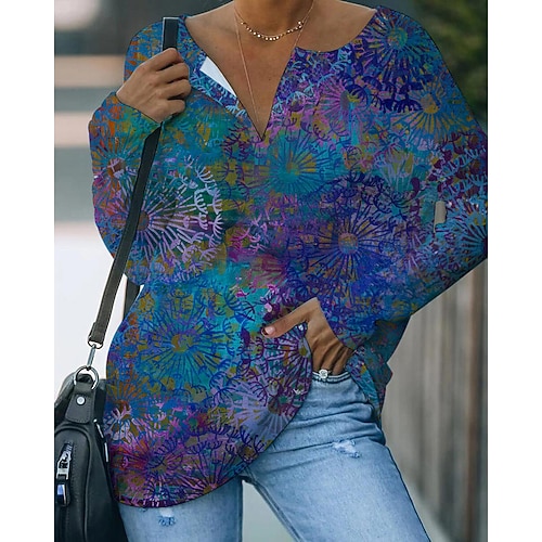 

Women's Blouse Shirt Blue Purple Graphic Print Long Sleeve Casual Weekend Streetwear V Neck Regular S / 3D Print