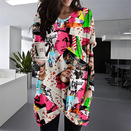 

Women's Casual Dress T Shirt Dress Tee Dress Shift Dress Green Black Red Long Sleeve Print Winter Fall Autumn V Neck Winter Dress Weekend Fall Dress Loose Fit 2022 XS S M L XL 2XL 3XL 4XL