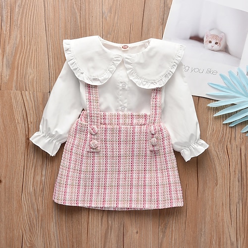 

2 Piezas Niños Chica Conjuntodefalda Conjunto de Ropa Vestimenta Plaid Manga Larga Algodón Establecer Calle Casual Dulce Invierno Otoño 2-8 años Blanco