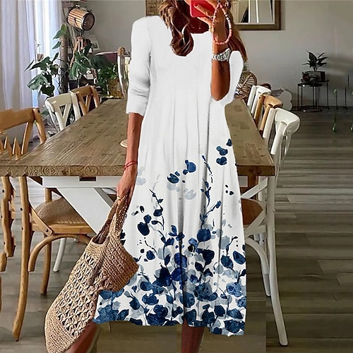 

Women's Casual Dress Shift Dress Midi Dress Pink Yellow White 3/4 Length Sleeve Floral Ruched Winter Fall 2022 S M L XL XXL 3XL