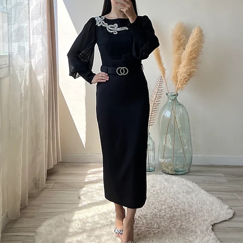 

Sheath / Column Cocktail Dresses Elegant Dress WorkWear Ankle Length Long Sleeve Jewel Neck Stretch Fabric with Sash / Ribbon Appliques 2022