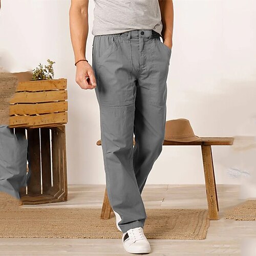 

Men's Linen Pants Trousers Beach Pants Casual Pants Pocket Elastic Waist Straight Leg Solid Colored Comfort Soft Daily Holiday Streetwear Linen / Cotton Blend Streetwear Stylish Grey Micro-elastic