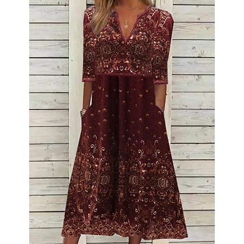 

Per donna Abito casual Abito etnico Vestito longuette Vino Mezza manica Floreale Stampa Estate Primavera A V Moda 2023 S M L XL 2XL 3XL