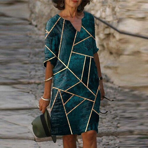 

Women's Casual Dress Shift Dress Knee Length Dress Navy Blue Half Sleeve Geometric Print Fall Winter V Neck Elegant Casual 2022 S M L XL XXL 3XL