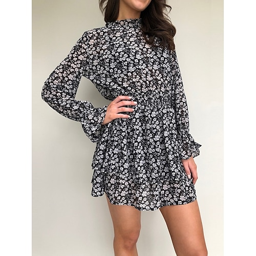 

Women's Casual Dress Floral Dress Short Mini Dress Black Long Sleeve Print Ruffle Print Fall Winter High Neck Elegant Casual 2022 S M L
