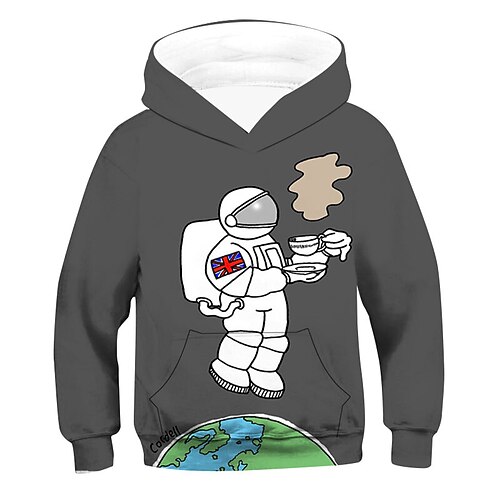 

Kids Boys Hoodie Astronaut Outdoor 3D Print Long Sleeve Pocket Fashion 3-12 Years Winter Gray