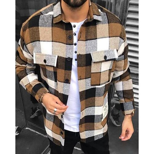 

Men's Flannel Shirt Shirt Jacket Shacket Shirt Plaid / Check Turndown Khaki Street Daily Long Sleeve Button-Down Clothing Apparel Basic Fashion Casual Comfortable / Winter / Fall / Winter