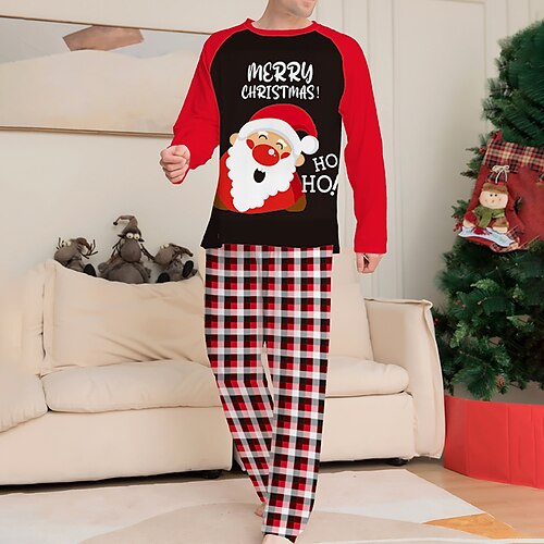 

Men's Christmas Pajamas Sleepwear Pajama Set Pajama Top and Pant 2 Pieces Letter Elk Fashion Comfort Soft Home Christmas Bed Cotton Blend Breathable Crew Neck Long Sleeve Basic Winter Fall Black Red