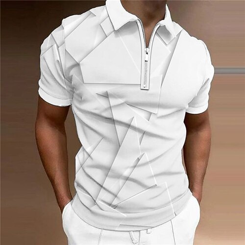 

Men's Collar Polo Shirt Golf Shirt Geometry Turndown Blue White 3D Print Outdoor Street Short Sleeves Zipper Print Clothing Apparel Fashion Designer Casual Breathable / Summer / Spring / Summer
