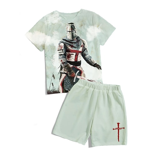 

Kids Boys T-shirt Shorts Clothing Set 2 Pieces Short Sleeve Green Cross Crewneck Print Outdoor Street Sports Vintage Cool Daily Comfort 3-13 Years