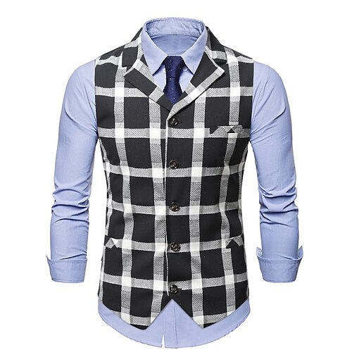 

Men's Casual Vest Plaid Regular Fit Notch Single Breasted More-button Black 2022