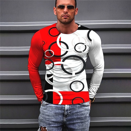 

Men's Unisex T shirt Tee Color Block Graphic Prints Geometry Crew Neck Red 3D Print Outdoor Street Long Sleeve Print Clothing Apparel Basic Sports Designer Casual