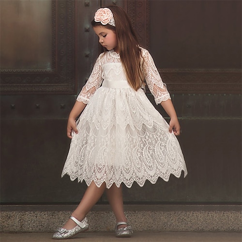 

First Communion Wedding Party Princess Flower Girl Dresses Jewel Neck Knee Length Cotton Blend with Lace Sash / Ribbon Lace Back Cute Girls' Party Dress Fit 3-16 Years