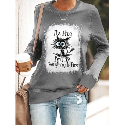 

Women's Sweatshirt Pullover Active Streetwear Blue Gray Cat Text Daily Crew Neck Long Sleeve Cotton