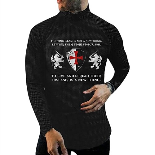

Men's T shirt Tee Graphic Templar Cross Cross Turtleneck Black 3D Print Work Street Long Sleeve Print Clothing Apparel Basic Streetwear Big and Tall Pocket