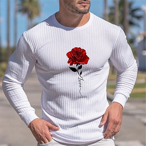 

Men's T shirt Tee Graphic Rose Crew Neck White Print Street Sports Long Sleeve Print Clothing Apparel Fashion Designer Casual Comfortable