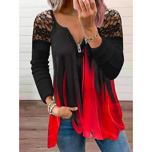 

Women's Shirt Color Block Daily Weekend Shirt Long Sleeve Lace Flowing tunic Quarter Zip V Neck Casual Streetwear Red S / 3D Print