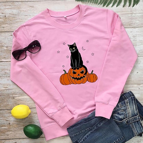 

Women's Plus Size Tops Pullover Sweatshirt Cat Pumpkin Print Long Sleeve Crewneck Casual Halloween Halloween Spirit Halloween Cotton Fall Winter Green White / Moon