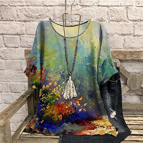 

Women's Plus Size Tops Blouse Shirt Color Gradient Print Half Sleeve Crewneck Casual Daily Going out Polyester Fall Winter Green