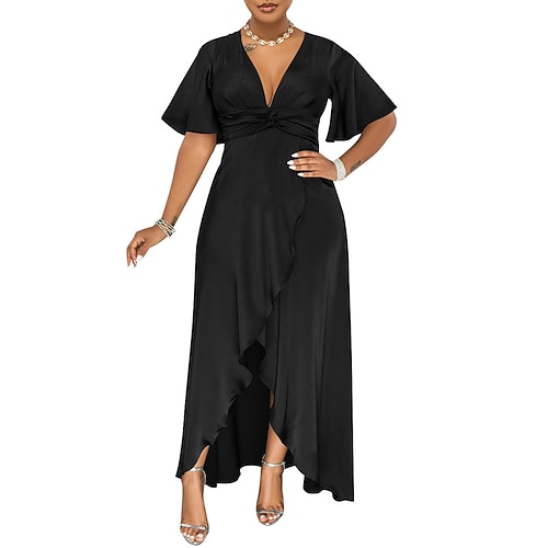 

Women's Party Dress Satin Dress Maxi long Dress Green Black Blue Wine Camel Brown Short Sleeve Pure Color Split Ruched Fall Winter V Neck Fashion Classic 2022 S M L XL XXL
