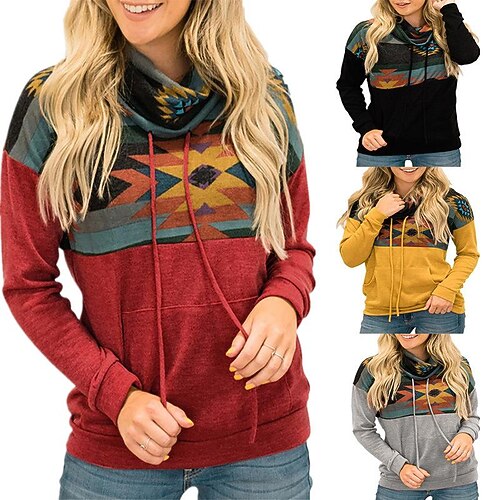 

2020 Cross-Border New Autumn And Winter Women's Amazon Wish Sun Totem Print Ethnic Style Turtleneck Hooded Sweater