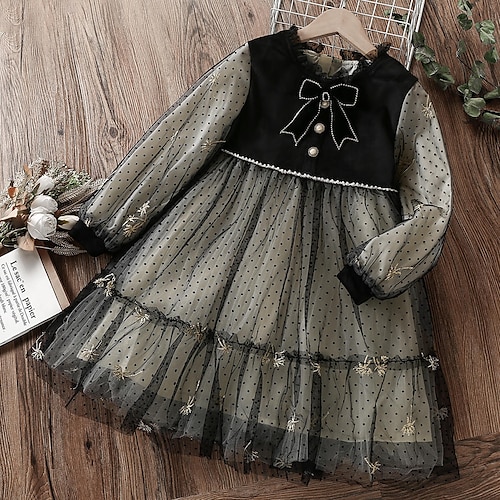 

Kids Little Girls' Dress Polka Dot A Line Dress School Daily Mesh Bow Black Knee-length Long Sleeve Elegant Casual Dresses New Year Fall Spring Loose Fit 1 PC 3-12 Years