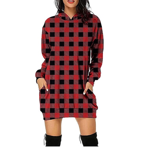 

2021 European And American Cross-Border New Foreign Trade Amazon Printing Plaid Mid-Length Pocket Hooded Long-Sleeved Sweater Women's Clothing