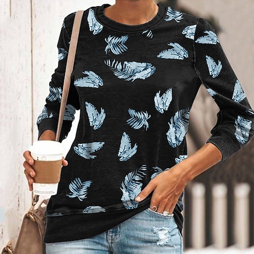 

Women's T shirt Tee Blue Purple Khaki Feather Print Long Sleeve Daily Weekend Basic Round Neck Regular S / 3D Print