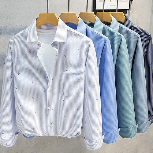 

Men's Dress Shirt Spiral Stripe Turndown Light Green Dusty Blue Navy Blue Light Blue White Print Daily Work Long Sleeve Button-Down Clothing Apparel Business Formal Comfortable Pocket