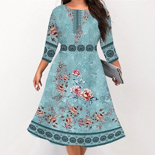 

Women's Plus Size Work Dress Floral Crew Neck 3/4 Length Sleeve Fall Winter Work Elegant Midi Dress Formal Going out Dress