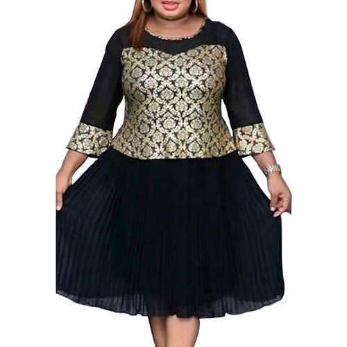 

Women's Plus Size Party Dress Geometric Crew Neck Print 3/4 Length Sleeve Winter Fall Elegant Prom Dress Knee Length Dress Formal Party Dress