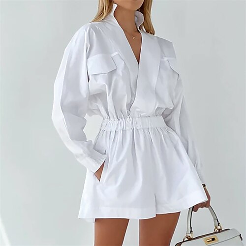 

Women's Romper Pocket Solid Color V Neck Streetwear Street Daily Regular Fit Long Sleeve White S M L Fall