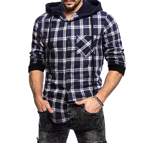 

Men's Shirt Overshirt Shirt Jacket Plaid Hooded Navy Blue Long Sleeve Print Street Daily Button-Down Tops Casual Comfortable Pocket / Winter / Fall