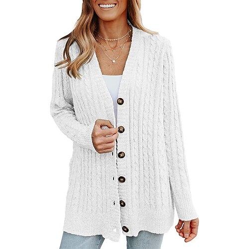 

Dame Cardigan Genser Jumper Kabel Strikke Knapp Strikket Ren farge V-hals Stilfull Fritid utendørs Daglig Vinter Høst Blå kaffe S M L / Langermet / Normal / Ut på byen