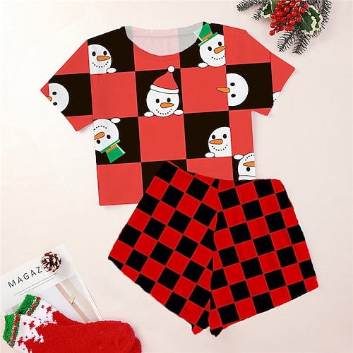 

Women's ChristmasPjs Plus Size Pajamas Sets 2 Pieces Snowman Grid / Plaid Fashion Comfort Soft Home Carnival Cotton Spandex Jersey Breathable Gift Crew Neck Short Sleeve T shirt Tee Shorts