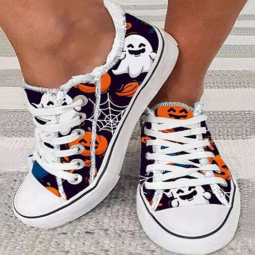 

Women's Sneakers Party Halloween Comfort Shoes Plus Size Flat Heel Round Toe Sporty Casual Canvas Lace-up Check 3D Burgundy Dark Blue Orange