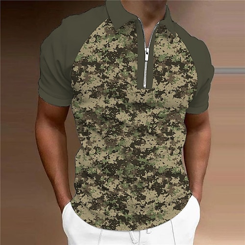 

Men's Collar Polo Shirt Golf Shirt Camo / Camouflage Turndown Army Green 3D Print Outdoor Street Short Sleeves Zipper Print Clothing Apparel Fashion Designer Casual Breathable / Summer / Spring