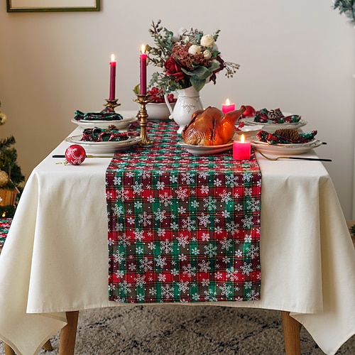 

Christmas Buffalo Plaid Merry Xmas Table Runner, Seasonal Winter Holiday Kitchen Dining Table Decoration for Indoor Outdoor Home Party Decor