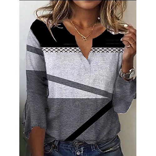 

Mujer Camisa Blusa Gris Bloque de color Estampado Manga Larga Diario Fin de semana Ropa de calle Casual Escote en Pico Largo S