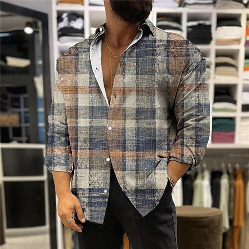 

Men's Shirt Plaid Turndown Blue 3D Print Outdoor Street Long Sleeve Button-Down Print Clothing Apparel Fashion Designer Casual Breathable