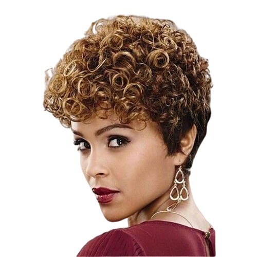 

Human Hair Wig Short Curly Pixie Cut Light Brown Dark Brown Multi-color Adjustable Natural Hairline For Black Women Machine Made Capless Brazilian Hair Women's All Natural Black #1B Black