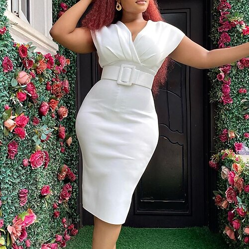 

Femme Robe Fourreau Sans Manches Printemps Eté - Mode Moderne Avec ceinture Couleur monochrome Col V Ceinture Incluse 2022 Vert Noir Violet Rouge Blanche S M L XL XXL 3XL