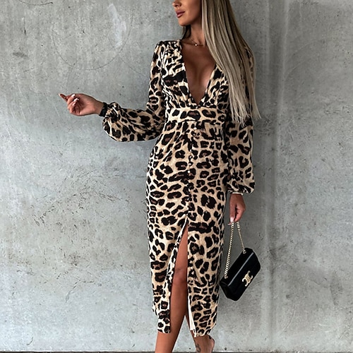 

Women's Bodycon Sheath Dress Long Dress Maxi Dress Leopard Red Long Sleeve Leopard Button Winter Fall Autumn Deep V Modern Winter Dress Weekend Fall Dress S M L XL XXL