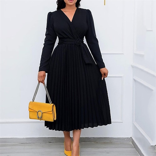 

Women's Black Dress A Line Dress Modern Dress Long Dress Maxi Dress Black Blue White Long Sleeve Pure Color Pleated Winter Fall Autumn V Neck Fashion Winter Dress Fall Dress 2022 S M L XL 2XL