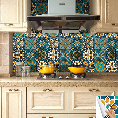 

10Pcs Waterproof Mediterranean Painted Ceramic Tile Sticker Kitchen Diy Splicing Creative Decorative Tile Wall Sticker