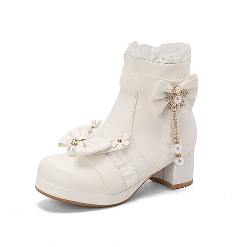 

Women's Lolita Shoes Outdoor Daily Lolita Booties Ankle Boots Winter Flower Chunky Heel Round Toe Walking Shoes Lace PU Leather Zipper Black Light Pink White