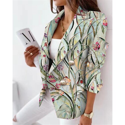 

Women's Blazer Breathable Office Work with Pockets Double Breasted Turndown Formal Floral Regular Fit Outerwear Long Sleeve Winter Fall Green Blue Purple S M L XL XXL 3XL