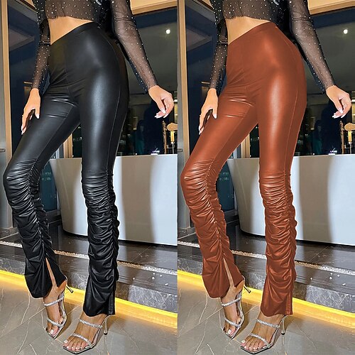 

Women's Tights Pants Trousers Pleated Split Solid Color Windproof Warm Full Length Casual Daily PU Casual Chino Black Red High Waist Micro-elastic